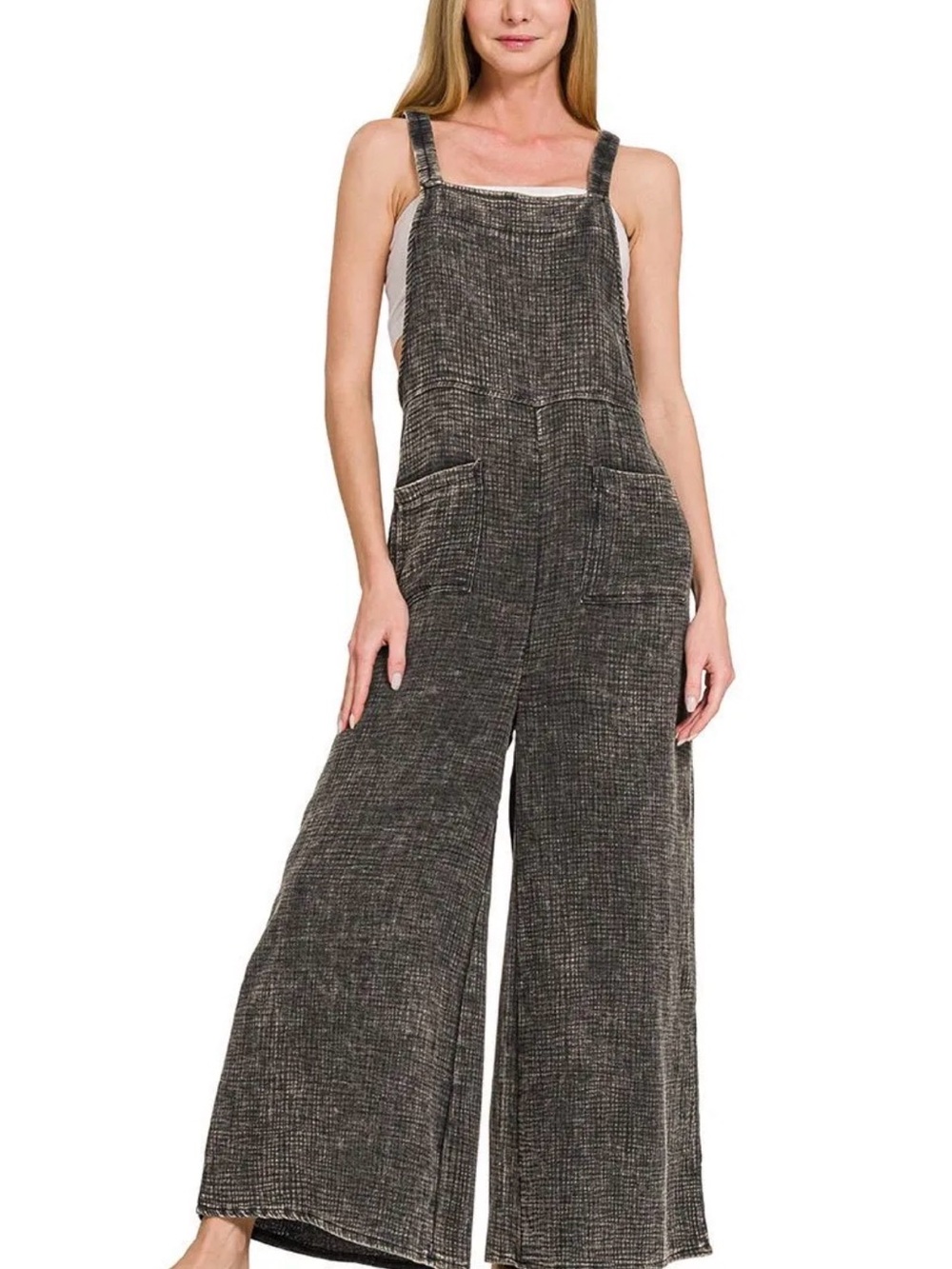 Zenana Washed Ash Black Wide-Leg Overalls